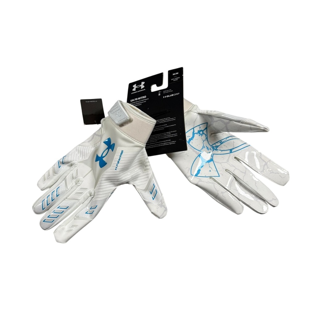 Under Armour Mens Medium UA F9 Nitro Football Gloves White Blue Limited Edition